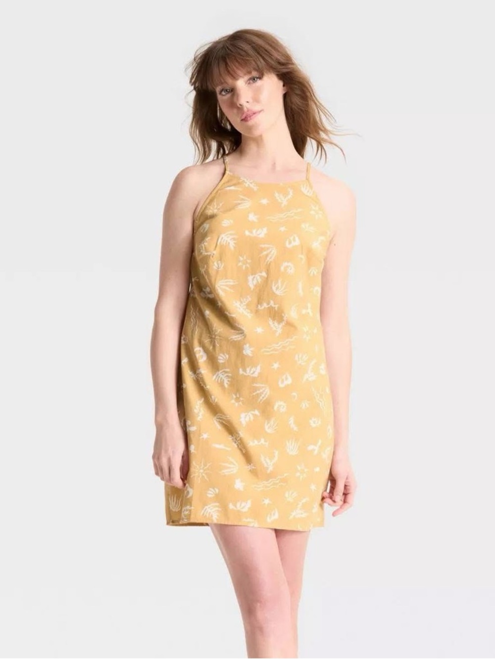 a new day Mustard Floral Strap Dress with White Print